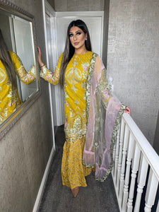 3pc Yellow Embroidered Ghrara Shalwar Kameez with Tissue dupatta Stitched Suit Ready to wear HW-YELLOWGHRARA