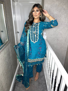 3 pcs BLUE Lilen shalwar Suit Ready to Wear with chiffon dupatta winter AK-41