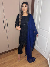 Load image into Gallery viewer, 3pc Black with Navy Embroidered Dupatta Shalwar Kameez Stitched Suit Ready to wear AN-BALCKNAVY
