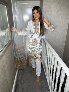 3pc WHITE Embroidered Shalwar Kameez with Net dupatta Stitched Suit Ready to wear HW-WHITE
