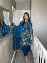 Load image into Gallery viewer, 3pc BLUE Embroidered Shalwar Kameez with Chiffon dupatta Stitched Suit Ready to wear HW-KH067
