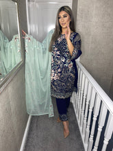 Load image into Gallery viewer, 3pc Navy Embroidered suit with Mint Green dupatta Stitched Suit Ready to wear HW-1650

