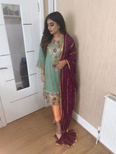 Load image into Gallery viewer, 3pc Aqua with Purple Dupatta and Orange trouser Stitched Suit Ready to wear
