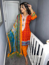 Load image into Gallery viewer, 3 pcs Orange Lilen shalwar Suit Ready to Wear with chiffon dupatta winter MB-1011B
