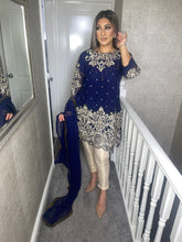 Load image into Gallery viewer, 3pc Navy Embroidered with Beige Trouser Stitched Suit Ready to wear MB-NAVYBEIGE
