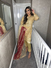 Load image into Gallery viewer, 3pc GOLD with Maroon Embroidered Shalwar Kameez Stitched Suit Ready to wear HW-GOLDMAROON
