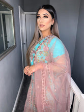 Load image into Gallery viewer, 3pc Blue Embroidered Shalwar Kameez with light brown net dupatta Stitched Suit Ready to wear
