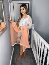 Load image into Gallery viewer, 3pc White and Peach Embroidered suit with Peach Chiffon dupatta Embroidered Stitched Suit Ready to wear HRWHITEPEACH
