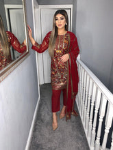 Load image into Gallery viewer, 3pc Maroon chiffon Embroidered Shalwar Kameez with Chiffon Embroidered Dupatta Stitched Suit Ready to wear HR-MAROON
