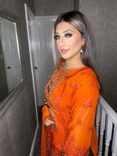 Load image into Gallery viewer, 3pc ORANGE Embroidered Shalwar Kameez with Green trouser and Chiffon dupatta Stitched Suit Ready to wear HW-1890
