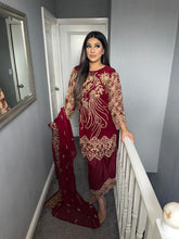 Load image into Gallery viewer, 3pc Maroon Embroidered Shalwar Kameez with Chiffon dupatta Stitched Suit Ready to wear KHA-MAROON
