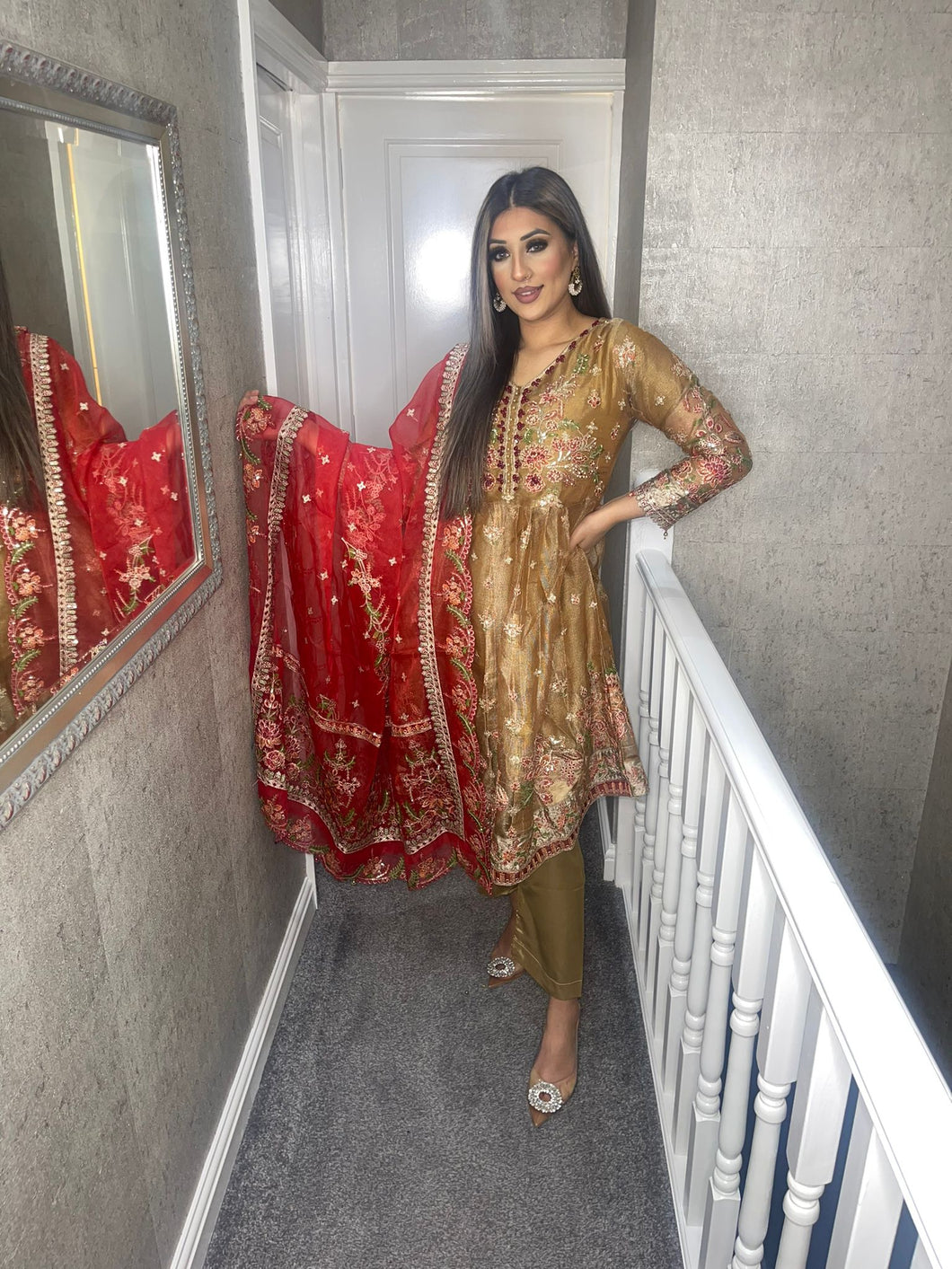 3pc Golden Embroidered suit with Net dupatta Stitched Suit Ready to wear AN-D122