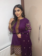 Load image into Gallery viewer, 3pc purple Embroidered with Gold trouser Shalwar Kameez Stitched Suit Ready to wear
