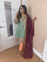 Load image into Gallery viewer, 3pc Aqua with Purple Dupatta and Orange trouser Stitched Suit Ready to wear

