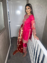 Load image into Gallery viewer, 3pc PINK Net Embroidered suit with Banarsi Dupatta Stitched Suit Ready to wear HW-NETPINK
