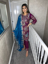 Load image into Gallery viewer, 3pc Purple Embroidered Shalwar Kameez with Navy Chiffon dupatta Stitched Suit Ready to wear HW-PURPLENAVY
