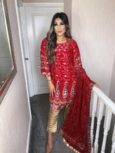 Load image into Gallery viewer, 3pc Red Embroidered suit With Gold trouser Chiffon Dupatta Stitched Suit Ready to wear
