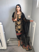 Load image into Gallery viewer, 3pc Black chiffon Embroidered Shalwar Kameez with Chiffon Embroidered Dupatta Stitched Suit Ready to wear HR-BLACK
