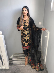 3pc Black chiffon Embroidered Shalwar Kameez with Chiffon Embroidered Dupatta Stitched Suit Ready to wear HR-BLACK