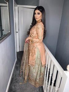 3pc Peach and Pistachio Embroidered Lehenga Shalwar Kameez Stitched Suit Ready to wear FP-39006