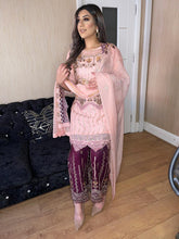 Load image into Gallery viewer, 3pc Pink chiffon Embroidered Shalwar Kameez with Purple shrara and chiffon Dupatta Stitched Suit Ready to wear UQ-PINKPURPLE
