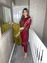 Load image into Gallery viewer, 3pc Maroon Embroidered Shalwar Kameez with Olive Chiffon dupatta Stitched Suit Ready to wear AN-MAROONOLIVE
