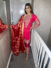 Load image into Gallery viewer, 3pc PINK Net Embroidered suit with Banarsi Dupatta Stitched Suit Ready to wear HW-NETPINK
