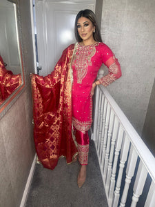 3pc PINK Net Embroidered suit with Banarsi Dupatta Stitched Suit Ready to wear HW-NETPINK