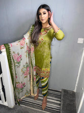 Load image into Gallery viewer, 3 pcs Stitched Pistachio Green lawn shalwar Suit Ready to Wear with chiffon dupatta MB-1004B
