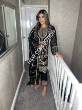 Load image into Gallery viewer, 3pc BLACK Embroidered Shalwar Kameez with Chiffon dupatta Stitched Suit Ready to wear HW-KHBLACK
