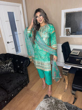 Load image into Gallery viewer, 3 pcs Mint Green Lilen shalwar Suit Ready to Wear with chiffon dupatta winter MB-1010B
