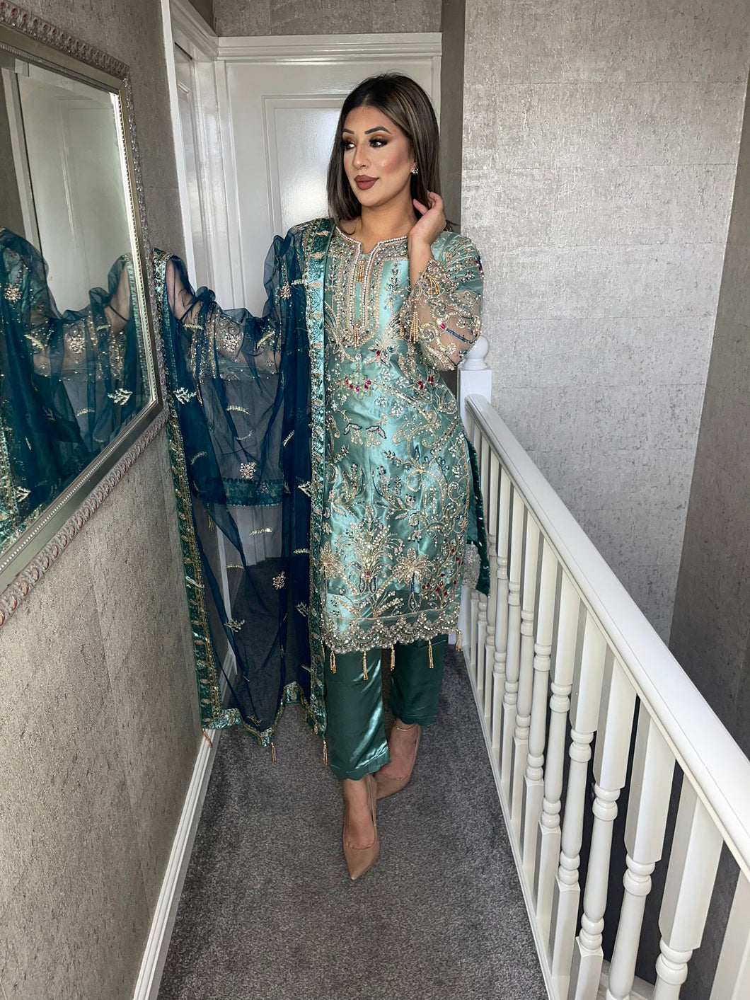 3pc Sea Green Embroidered Shalwar Kameez with ORGANZA dupatta Stitched Suit Ready to wear HW-SEAGREEN
