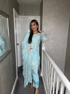 3pc BABY BLUE Embroidered Shalwar Kameez with Chiffon dupatta Stitched Suit Ready to wear HW-UQ2072