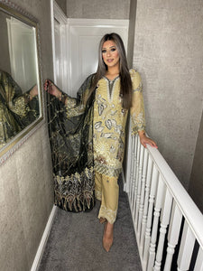 3pc LIGHT GOLDEN Embroidered Shalwar Kameez with Net dupatta Stitched Suit Ready to wear HW-LIGHTGOLDEN
