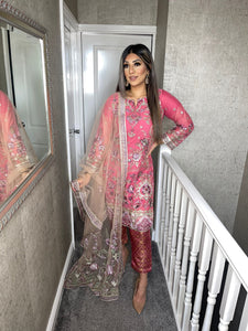 3pc Pink Embroidered Shalwar Kameez with Net dupatta Stitched Suit Ready to wear HW-UQPINK