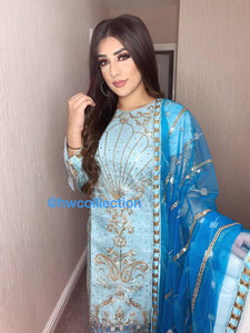 3pc Embroidered Blue Organza Shalwar Kameez Stitched Suit Ready to wear