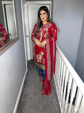 Load image into Gallery viewer, 3pc RED Embroidered suit with BLUE TROUSER and chiffon dupatta Stitched Suit Ready to wear KH-REDBLUE
