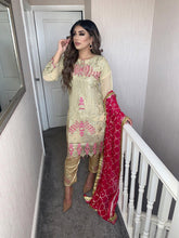Load image into Gallery viewer, 3pc Gold Embroidered suit with Pink Chiffon dupatta Embroidered Stitched Suit Ready to wear
