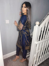 Load image into Gallery viewer, 3PC Net Navy Embroidered suit with Net dupatta Stitched Ready to wear HR-NAVY
