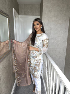 3pc WHITE Embroidered Shalwar Kameez with BROWN dupatta Stitched Suit Ready to wear HW-UQ2088