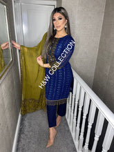 Load image into Gallery viewer, 3pc NAVY Embroidered Shalwar Kameez with Olive Chiffon dupatta Stitched Suit Ready to wear AN-NAVYOLIVE
