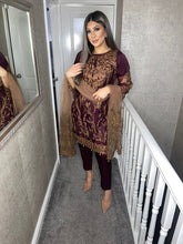 Load image into Gallery viewer, 3PC Net PURPLE Embroidered suit with Net dupatta Stitched Ready to wear HR-PURPLE
