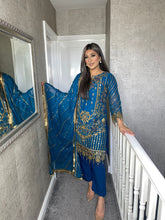 Load image into Gallery viewer, 3pc BLUE Embroidered Shalwar Kameez with Chiffon dupatta Stitched Suit Ready to wear HW-KH067
