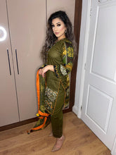 Load image into Gallery viewer, 3 pcs Stitched Olive Green lawn shalwar Suit Ready to Wear with chiffon dupatta FRSH-D06
