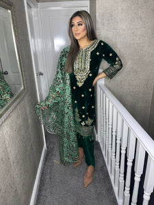 3pc Green Velvet Embroidered Shalwar Kameez with net Dupatta Stitched Suit Ready to wear JF-GREENVELVET