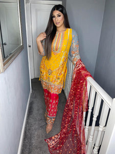 3pc Yellow chiffon Embroidered Shalwar Kameez with Red trouser and Net Dupatta Stitched Suit Ready to wear HW-YELLOWRED