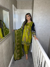 Load image into Gallery viewer, 3 pcs Olive Stitched lawn suit Ready to Wear with chiffon dupatta MB-154
