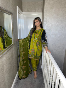 3 pcs Olive Stitched lawn suit Ready to Wear with chiffon dupatta MB-154