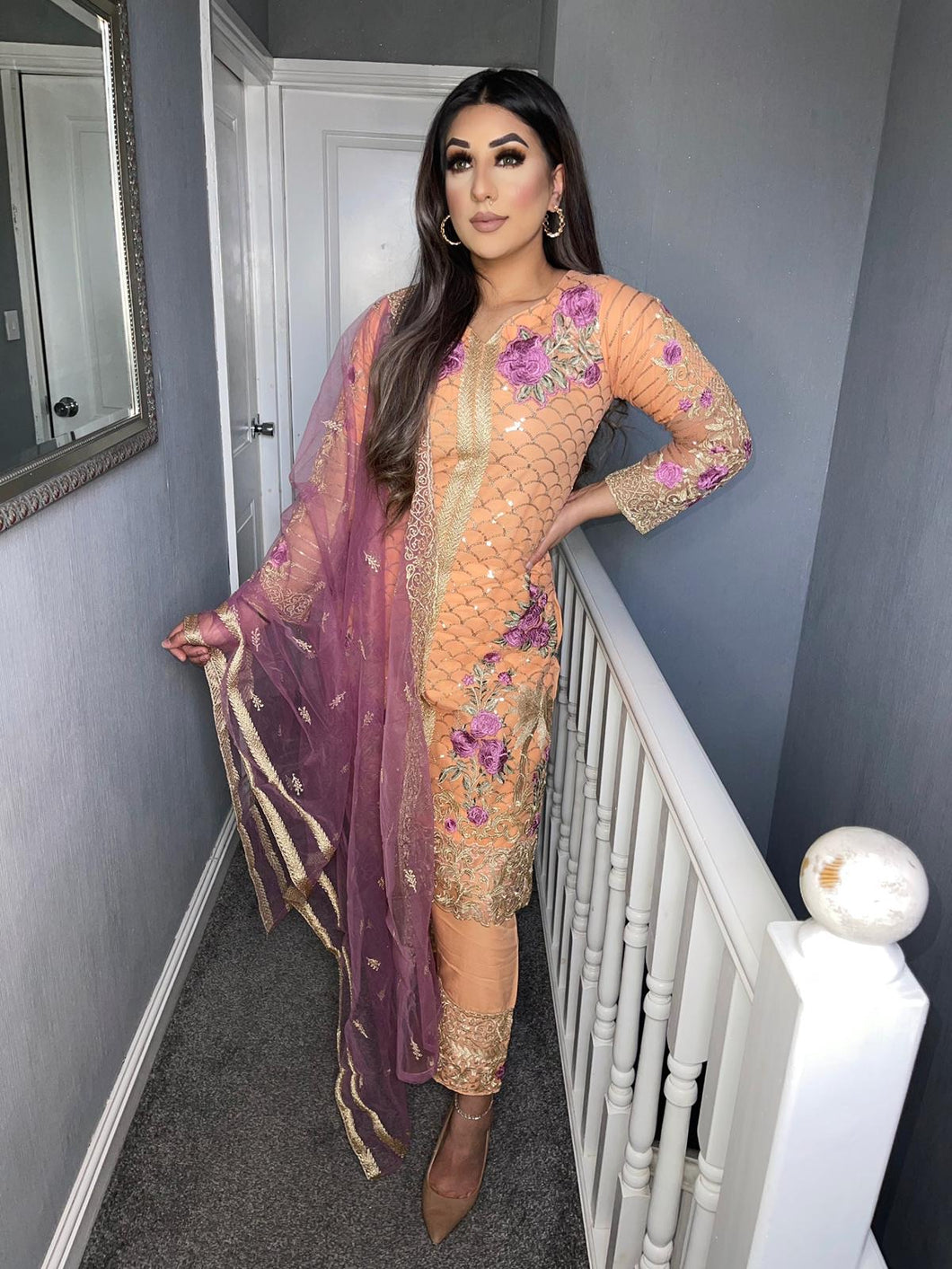 3pc Peach chiffon Embroidered Shalwar Kameez with purple Chiffon Dupatta Stitched Suit Ready to wear UQ-PEACHPURPLR