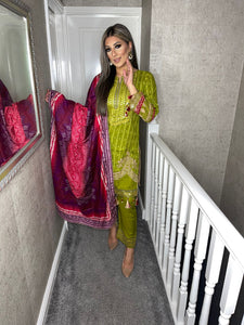 3 pcs OLIVE Lilen shalwar Suit Ready to Wear with lilen dupatta winter MB-170B